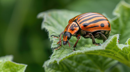 Colorado beetle sitting on foliage close-up. High quality photoの素材