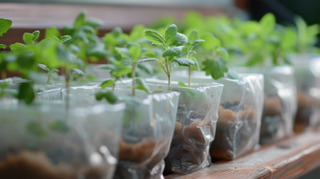 Close-up of seedlings in biodegradable bags on a balcony. High quality photoの素材