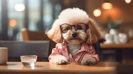 Cute poodle dog sitting at the table with a cup of coffee in a pet friendly cafe. High quality photoの素材