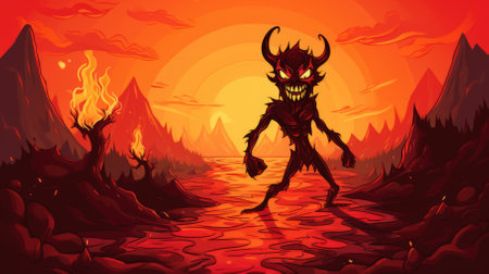 Illustration of cartoon devil on fire. High quality photoの素材