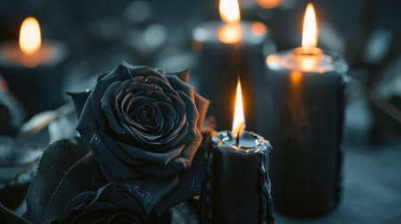 Funeral black flowers and black candles near the memorial outdoors close-up. High quality photoの素材