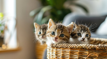 Cute fluffy kittens peeking out in a wicker cozy basket against an apartment background with space for text. High quality photoの素材