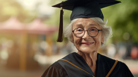 Elderly woman wearing graduate cap on blurred background with space for text. High quality photoの素材