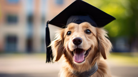 Positive dog wearing graduate hat on blurred background. High quality photoの素材