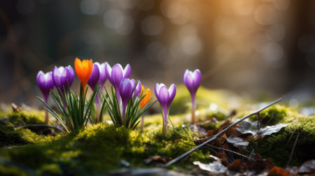 Blooming crocuses in the forest close-up. High quality photoの素材