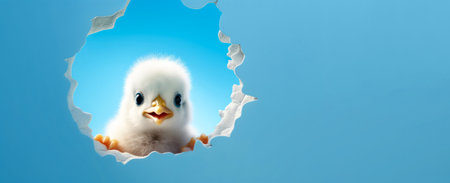 A surprised chick peeks out on a blue background. Banner, copy space. High quality photoの素材