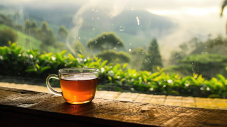 A cup of fresh green tea against the backdrop of a tea plantation on a sunny day with space for text. High quality photoの素材
