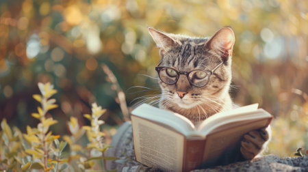 Cat with glasses reads a book on a blurred background with space for text. High quality photoの素材