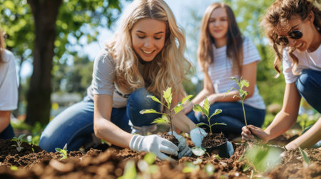 Young teenagers planting trees or working in community garden close up. High quality photoの素材