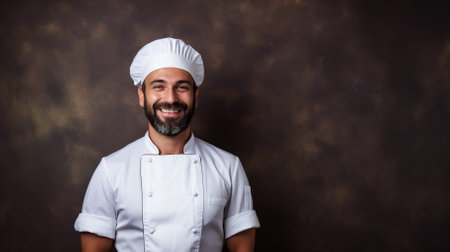 Smiling bearded male chef against dark wall . High quality photoの素材