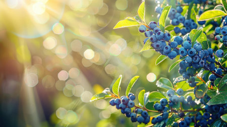 Branch of ripe blueberries close up with space for text on a sunny day. High quality photoの素材