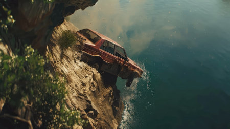A car falls off a cliff in the mountains. High quality photoの写真素材