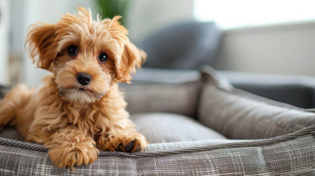 Cute brown maltipoo puppy resting in a dog bed in a bright modern apartment close-up. High quality photoの素材