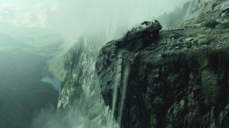 A car falls off a cliff in the mountains. High quality photoの写真素材