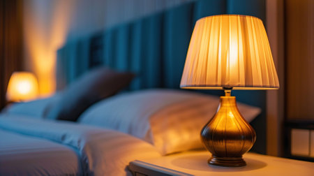 Close-up of a bright table lamp near the bed. High quality photoの素材