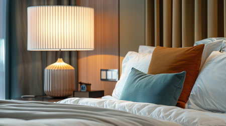 Close-up of a bright table lamp near the bed with pillows in a hotel. High quality photoの素材