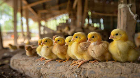Little yellow chickens on a poultry farm close up. High quality photoの素材