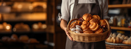 A female pastry chef holds a basket of fresh delicious buns. Banner, place for text. High quality photoの素材