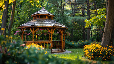 Wooden gazebo for relaxing in the garden. High quality photoの素材