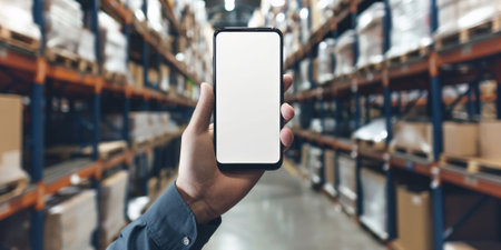 Man holding a phone mockup in his hands against the background of a warehouse. High quality photoの素材