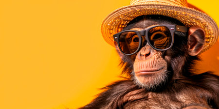 A satisfied monkey in glasses and a straw hat rests on an orange background with copyspace. High quality photoの素材