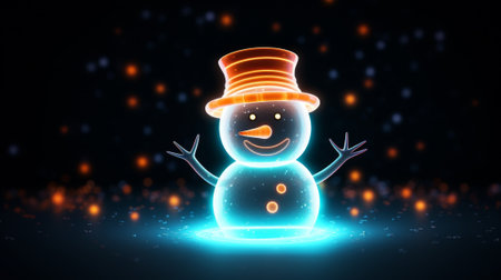Festive neon snowman on dark background. High quality photoの素材