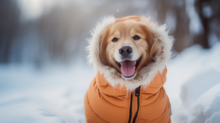 Cute dog in a warm jacket and hood walks in a winter park. High quality photoの素材
