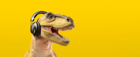 Dinosaur in headphones listens to music on a yellow background. Banner, place for text. High quality photoの素材
