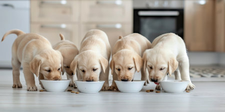 Cute dabrador puppies eating dog food from bowls in the kitchen. High quality photoの素材