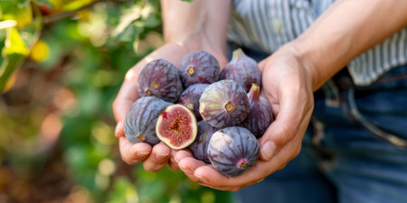 farmer holding dark figs close up against field background. High quality photoの素材