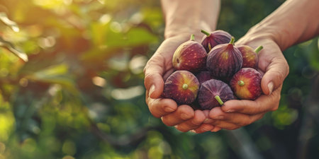 farmer holding dark figs close up against field background. High quality photoの素材
