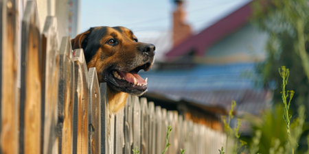 A guard dog peeks out from behind a fence in a private house. High quality photoの素材