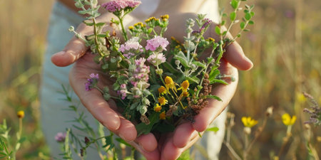 Woman holding a bouquet of wildflowers in a field with copyspace. High quality photoの素材
