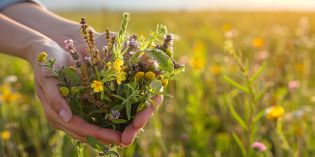 Woman holding a bouquet of wildflowers in a field with copyspace. High quality photoの素材