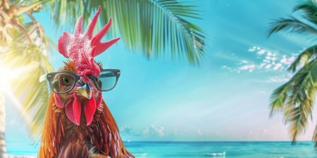 Rooster in glasses on the background of the beach with the sea with copyspace. Summer beach holiday concept. High quality photoの素材