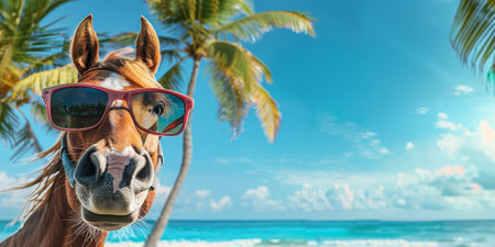 A horse with glasses on the background of the beach with the sea with copyspace. Summer beach holiday concept. High quality photoの素材