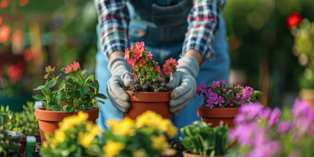 Woman gardener wearing gloves replants potted plants in the garden. High quality photoの素材