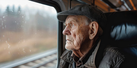 Upset elderly man rides in transport and looks out the window. High quality photoの素材