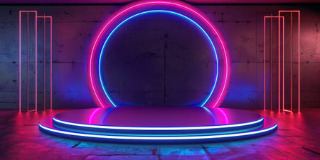 Futuristic neon round platform podium for product display. High quality photoの素材