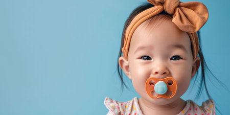 A smiling baby with a pacifier and an orange headband, looking adorable against a blue background. High quality photoの素材