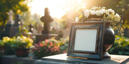 A blank photo frame with flowers in a cemetery during sunset, symbolizing remembrance and loss. High quality photoの素材