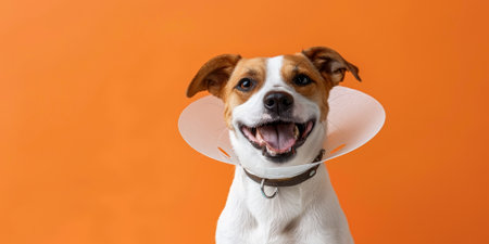 Close-up of a happy dog ??wearing a veterinary collar on an orange background. High quality photoの素材