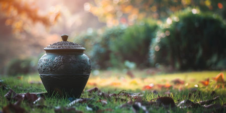 Antique urn placed in a garden with autumn leaves and soft sunlight, evoking a sense of history and tranquility. High quality photoの素材