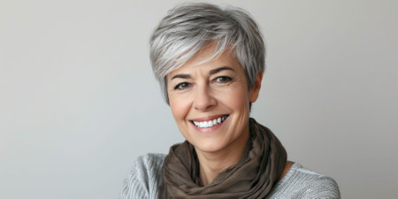 A smiling senior woman with short gray hair, wearing a scarf, looking at the camera with a warm expression. High quality photoの素材