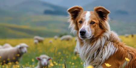 A herding dog watching over a flock of sheep in a green pasture, showcasing farm life and working animals. High quality photoの素材