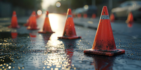 A row of traffic cones on a wet road reflecting the light, emphasizing safety and roadwork caution. High quality photoの素材