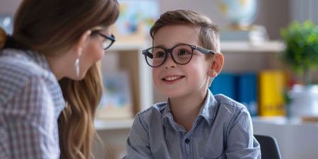 A child with glasses studies with a tutor at home. High quality photoの素材