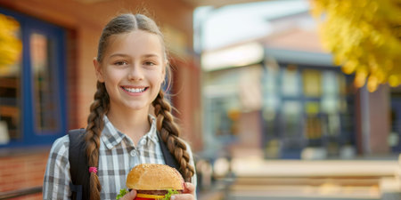 Joyful teenage schoolgirl stands in the school yard and holds a burger in her hands. Copyspace, place for text. High quality photoの素材