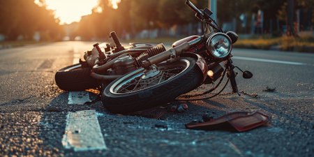A dramatic scene of a motorcycle accident on a wet road during a rainy day, highlighting danger and emergency. High quality photoの素材