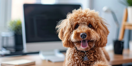 A small breed dog in an office space sits on a chair at the desk. High quality photoの素材